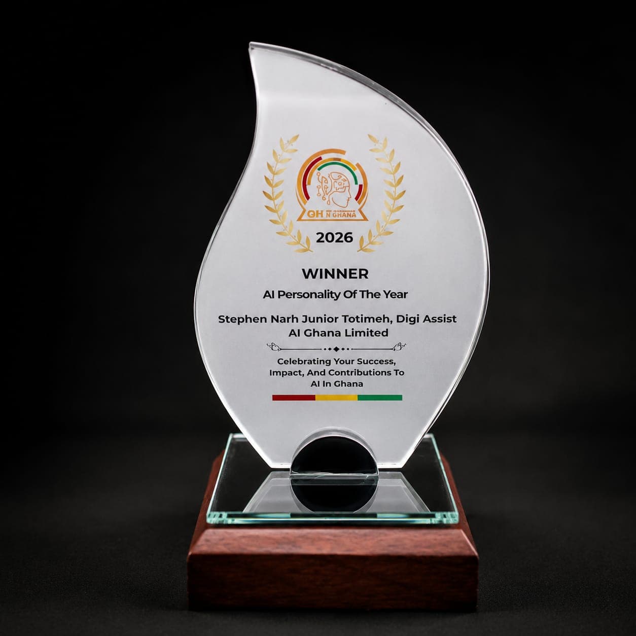 AI Personality of the Year 2026 award trophy - Stephen Narh Junior Totimeh