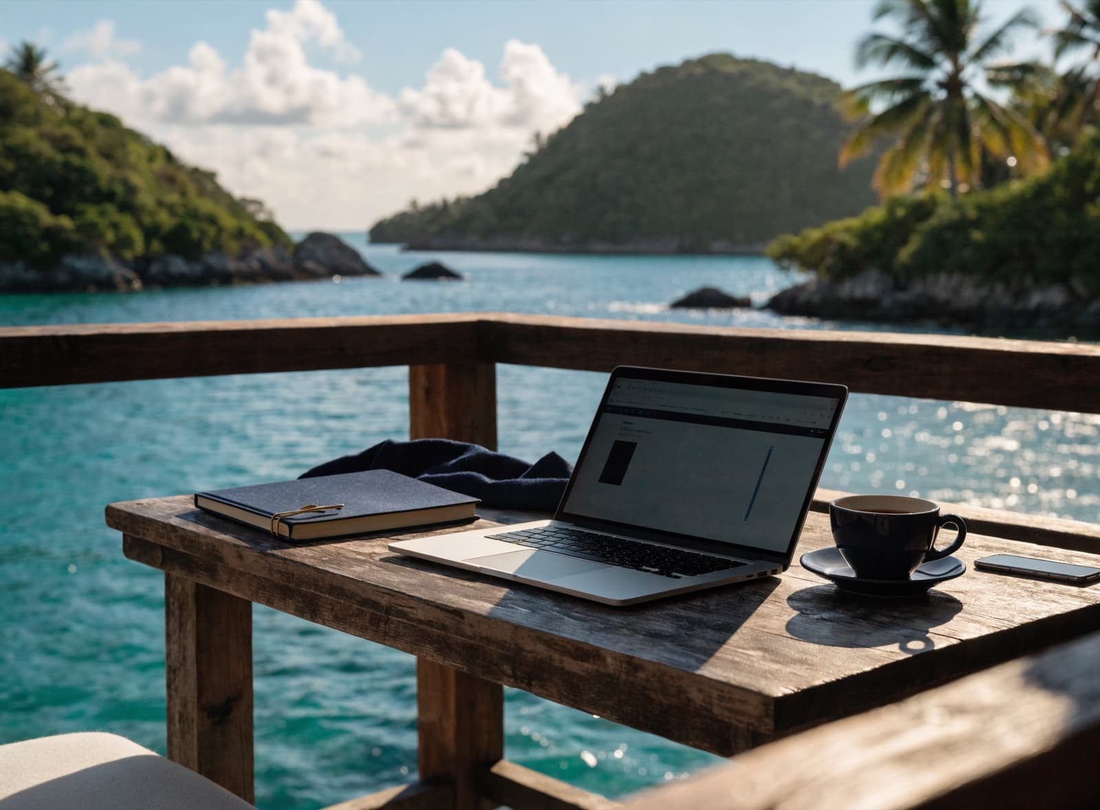 Laptop workspace on a veranda overlooking a Pacific lagoon